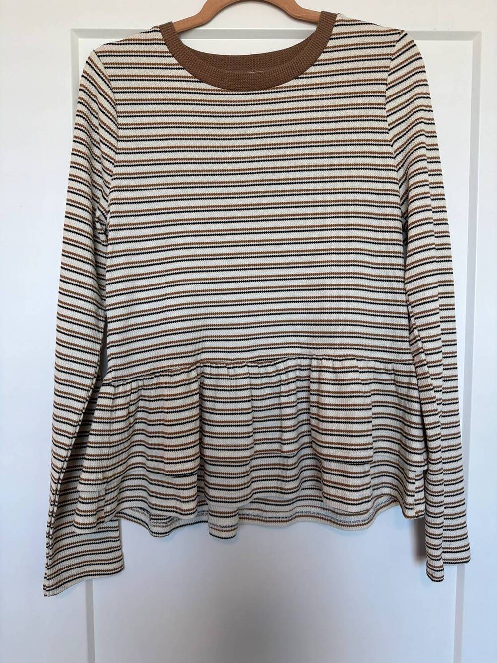 NEW ANNIEWEAR women's waffle stripe peplum top in taupe